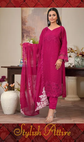 Pakistani Orginal Rangoon Chiffon Stitched 3 Pcs _ Magenta Pink 